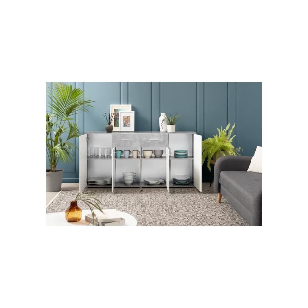 Forte ANTUZA Moderne Kommode 160 170, weißes Sideboard mit 4 Türen und 2 Schubladen, Holzwerkstoff, Betonoptik hellgrau/Weiß, 162,3 cm breit x 88,1 cm hoch x 34,2 cm tief