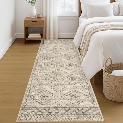 KILOCOCO Hallway Runner Rug 3'x8' Runners for Hallways Washable Runner Rug Non Slip Rubber Backed Low-Pile Runners for Bedroom Kitchen Living Room Laundry Room Boho Rugs, Beige/Gray/Green