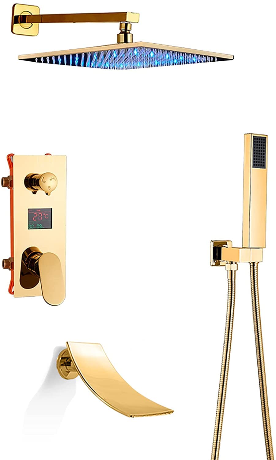 OZBMA LED Shower System with Digital Display Golden Faucet Set Waterfall Tub Spout Rain Mixer Combo Rainfall Head Handheld Set,8 inc (A 12 tum)