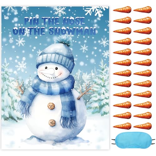 Faccito Pin The Nose on The Snowman Party Game Snowman Poster Winter Games Set with 24 Stickers 1 Blindfold for Family Winter Holiday Party Activities Game Supplies