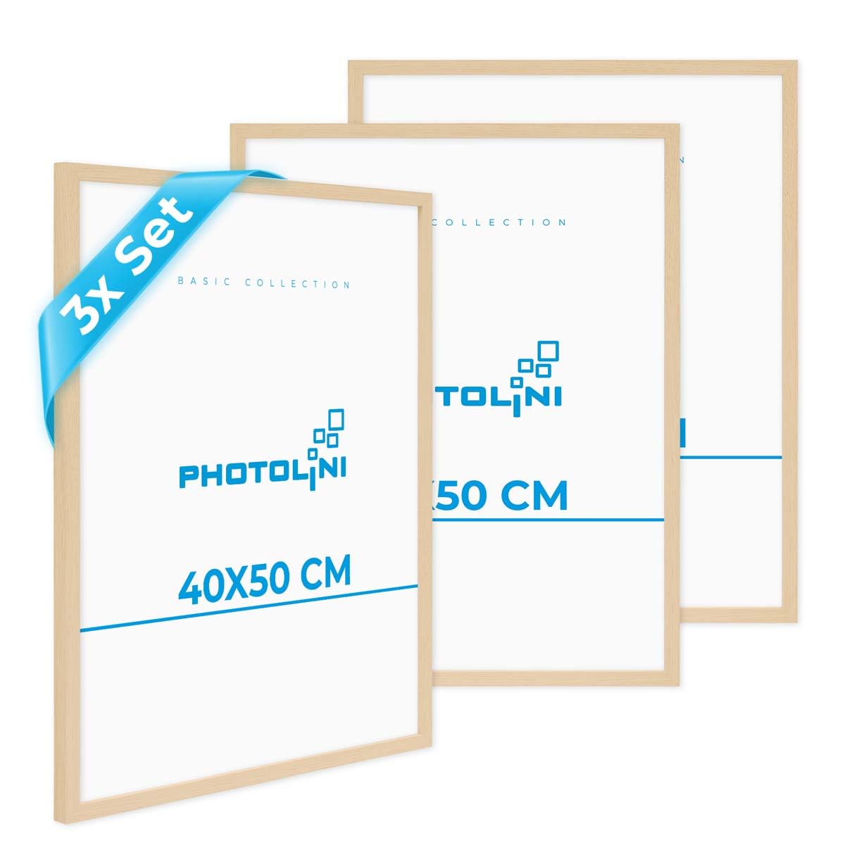 PHOTOLINI Marcos 40x50 cm madera MDF natural, set de 3 marcos para pósteres, cristal acrílico, para colgar, incluye accesorios - para fotos, láminas y pósteres