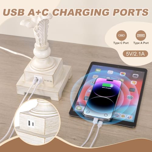 Vintage Table Lamps Set of 2, 3-Way Dimmable Touch Buffet Lamps with 2 USB Ports, 33'' Bedside Nightstand Lamps with Linen Shades, Rustic Farmhouse Table Lamps for Living Room Bedroom, Washed White - Image 5