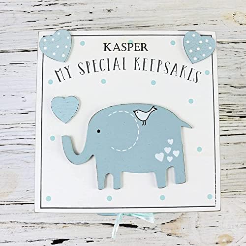 Personalised Boy Baby Box Keepsake - Baby Memory Boxes Keepsake for Boy | Vintage Wooden Elephant Blue Keepsake Box Memory Christening Gift Present for Newborn Baby Bay New Baby