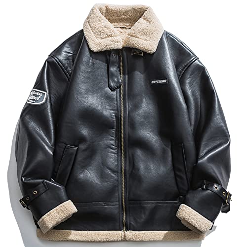 Aelfric Eden Men’s PU Jacket Oversized Varsity Jacket Zipper Closure Casual Patchwork Lamb Collar Winter Coats