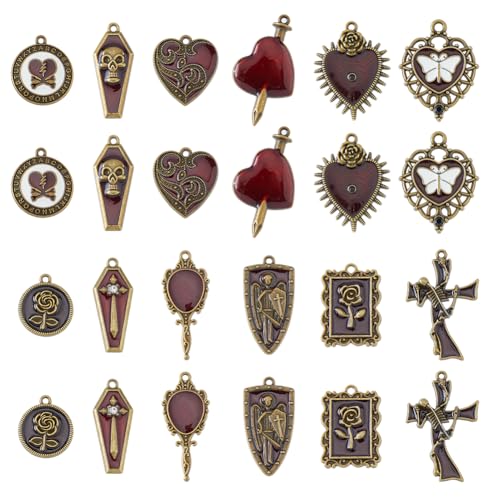 DICOSMETIC 24Pcs 12 Styles Halloween Charm Gothic Style Charm Black Red Alloy Charms Rose Skull Heart Sword Pendant Coffin Pendants Crafting Dangle Charm for Jewelry Making