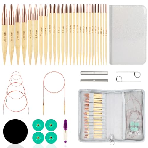 Snovire Bambus Rundstricknadeln Set Austauschbar 13 Paar Rundstricknadeln mit Tasche und Zubehör 13 Nadeldurchmesser 310 mm 4 Längen Verstellbar 40100 cm Häkelnadel Set für Anfänger