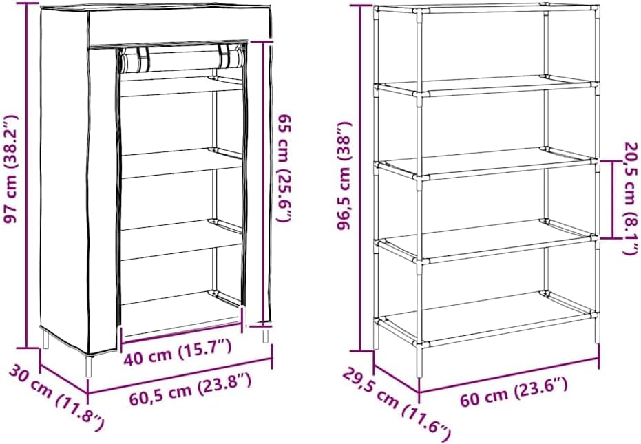vidaXL Contemporary Grey Shoe Cabinet 23.8 x 11.8 x 38.2 in Non-Woven Fabric with Ample Storage Shelves for Home and Living Room Rack Shelf Cupboard Organizer Hall Holder Unit