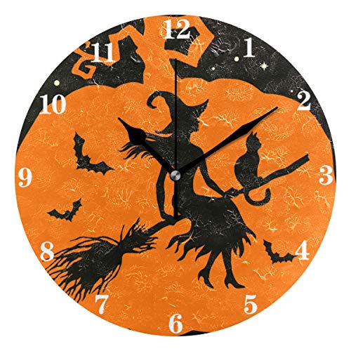 Agona Wall Clock Halloween Black Cat Witch Bats Moon Pumpkin Desk Clock Art Creative Wall Clocks Battery Operated Non Ticking Silent Wall Clock Decorative For Living Room Kids Room Decor Kitchen #TOP18