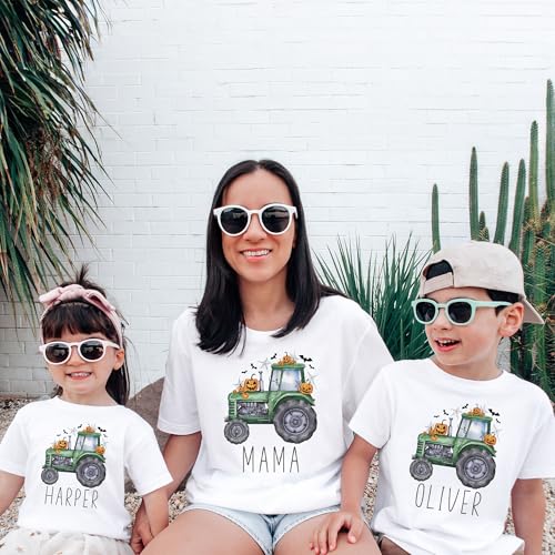Personalized Kids Halloween Tractor T-Shirt - Custom Spooky Green Farm Tractor - Fun Halloween Shirt with Jack-o'-Lantern Pumpkins - Customizable with Child’s Name - Natural Toddler Youth Tee4