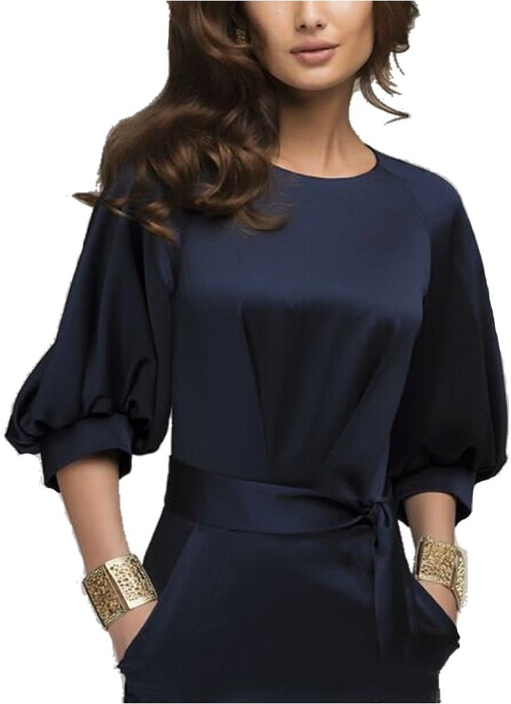 Omine Womens Lantern Sleeve Navy Blue Wear to Work with Belt Dress