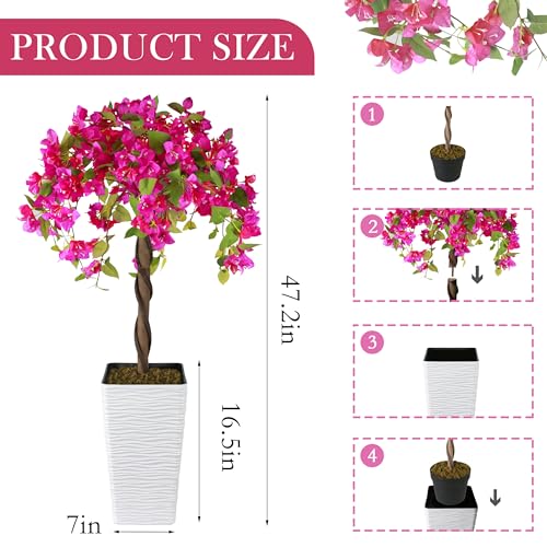 Artificial Bougainvillea Tree 4FT, Fake Silk Floral Tree with White Planter, Decorative Topiary Plant, Potted Faux Flower Tree for Home Porch Decor Indoor Outdoor - Image 3