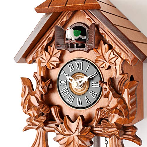 Cuckoo Wall Clock with Night Mode in Traditional German Style with Carved Squirrels (Cherry)