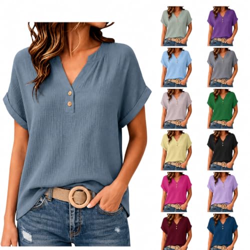 Musselin Bluse Damen Kurzarm Leinenbluse Sommer Leinen Shirt Hemd Sommerblusen Knopf Tunika Tops Casual Tshirts Oberteile Longbluse Hemdbluse Blusenshirt Frauen Teenager Mädchen