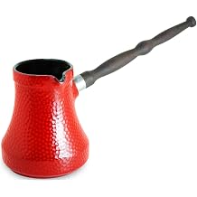 Ceramic Turkish Coffee Pot 500 ml 16.91 oz Cezve Ibrik Briki Turka Hammered Red Color with Removable Wooden Handle for Gas Electric Hobs