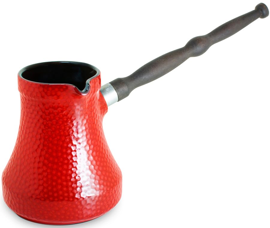 Türkische Kaffeekanne aus Keramik, 500 ml, Cezve Ibrik Briki Turka "Hammered", rote Farbe mit abnehmbarem Holzgriff für Gasherde und Elektroherde