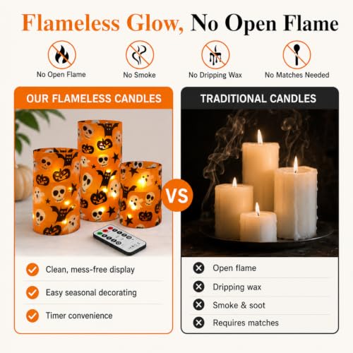 Image of Halloween Flameless Candles with String Lights - Set of 3 Ghost Battery Operated Candle Flickering Floral LED Pillar Candles with Timer Remote for Home Decor Romantic Ambiance