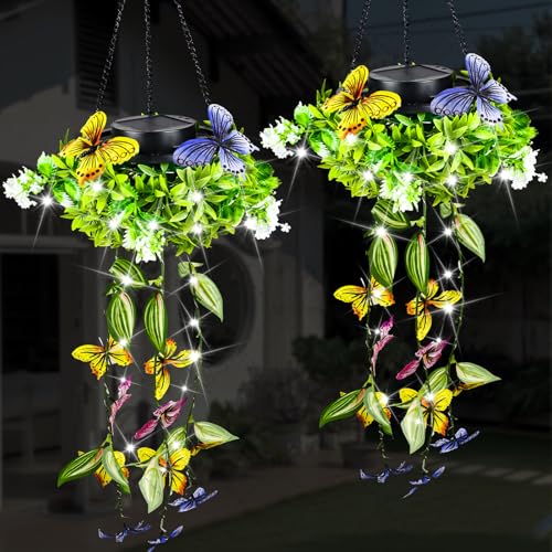 Lanterne solaire exterieur avec feuilles de papillon artificielles etanches IP65 lot de 2