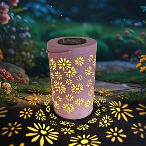 CBAXEAXM Solar Lanterns Outdoor Waterproof Hanging Solar Light Metal Tabletop Lantern with Daisy Hollowed-Out Design for Garden Yard Patio Porch Table Decor Gifts for Women, Pink