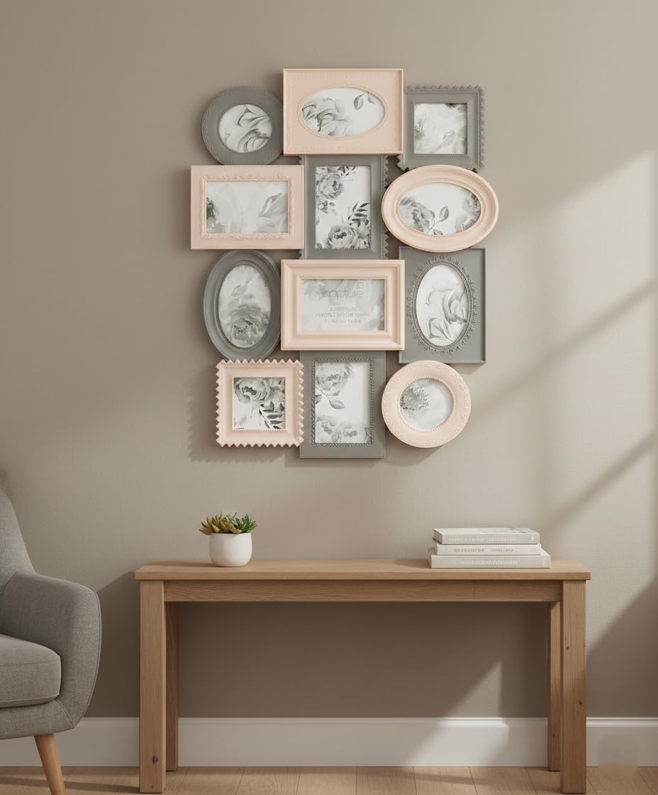 Biznest Multi Aperture Photo Frame 12Pc 8X 6X4 And 4X 4X4 Inch Photo Frames Collage Picture Wall Mounted Frame Pink & Grey