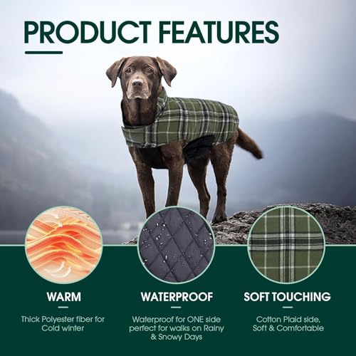 Image of Kuoser Waterproof Dog Coat, Warm Reversible Dog Jacket with Leash Hole | Soft Cozy Dog Cold Weather Coats for Rainy Snow Days, Lightweight Jacket for Large Dogs, Xmas Dogs Snowsuit Olive 3XL