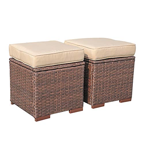 Super Patio Outdoor Ottoman, 2 Piece All Weather Wicker Rattan Patio Ottoman Set with Cushion, Steel Frame, Brown