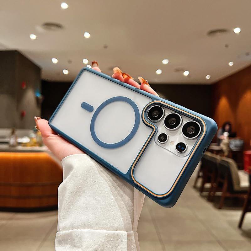 Image of LuxuryKase Frosted Clear MagSafe Case for Samsung Galaxy S24 Ultra | Translucent Matte Back | Soft TPU Bumper + Hard PC Back | Raised Camera Protection | Wireless Charging Compatible - Blue