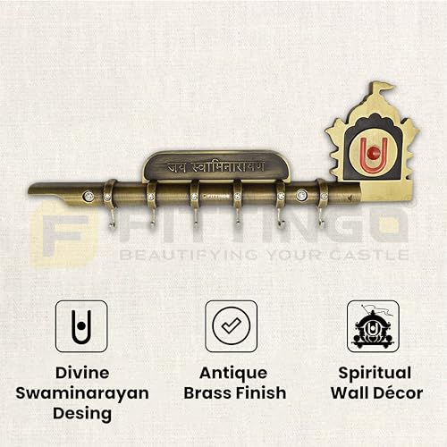 Image of Jai Swaminarayan Flute Design Key Holder for Wall /Key Stand for Home & Office ? Keychain Hangers for Decorative /with 6 Hooks /Zinc Alloy- Antique (25x7cm) - Wall Mounted-| 3 Years Warranty |
