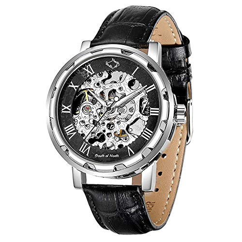 Mens Mechanical Wrist Watch, Skeleton Watches for Men, Men Automatic Steampunk Self Winding Watches, Casual Leather Bands Dress Watches with Roman Numerals Dial, Black