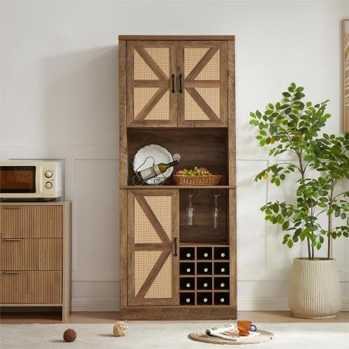 76-Inch-Tall-Buffet-Sideboard-Cabinet-with-Microwave-Shelves-Faux-Rattan-Liquor-Cabinet-for-Dining-Room-Entryway-Farmhouse-Barn-Door-Rustic-Wood-Storage-Cabinet-with-Wine-Rack-for-Kitchen-Oak 76 Inch Tall Buffet Sideboard Cabinet with Microwave Shelves Faux Rattan Liquor Cabinet for Dining Room Entryway Farmhouse Barn Door Rustic Wood Storage Cabinet with Wine Rack for Kitchen Oak