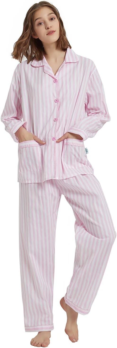 GLOBAL Women's 100% Cotton Pajama Set|Long-Sleeved with Pants PJs |Button Down Front Top&Drawstring Waist Bottom Nightwear - Image 2