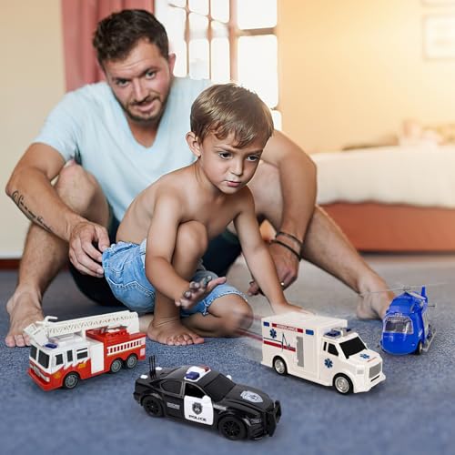 image for COVTOY 4 Packs Emergency Vehicle Toys with Lights and Siren Sound,Incl