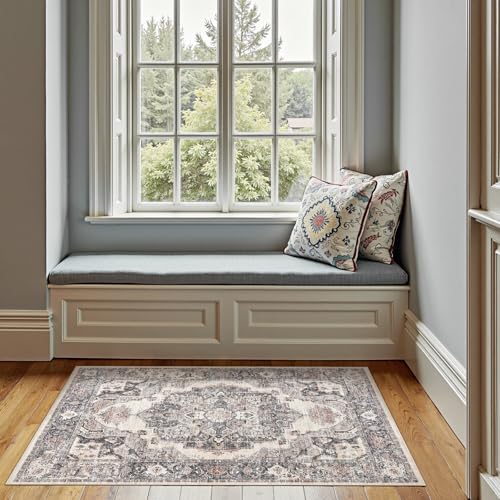 jinchan Area Rug 3x5 Washable Entryway Rug Vintage Kitchen Floor Cover Traditional Thin Taupe Multi Distressed Floral Doormat Indoor Mat for Bathroom Bedroom Living Room 3' x 5' (Rectangular