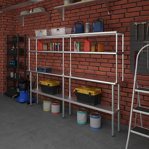 Image of AmGood Stainless Steel Work Table with 12 inch Wide Double Tier Overshelf | Metal Kitchen Prep Table & Shelving Combo | NSF (Stainless Steel Table with Double Overshelves, 96 inch Long x 14 inch Deep)