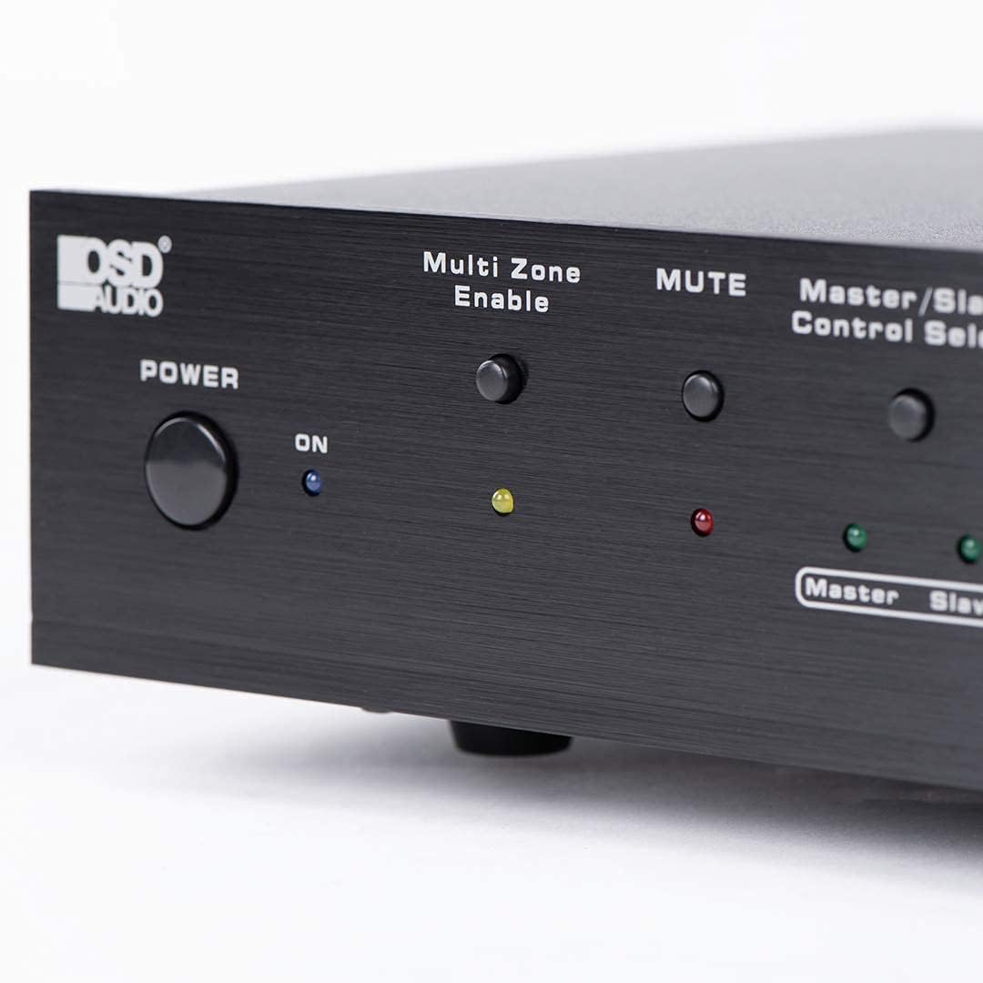 Close-up of the power and multi-zone enable buttons on the ATM-7 front panel