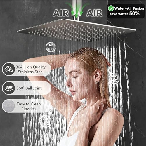 Image of Shower System Brushed Nickel Dual Shower Head with Body Jets, Oupukle Four Modes Shower Faucet Set Wall Mounted 12 inch & 6 inch Rain Shower Head with 6PCS Body Jets