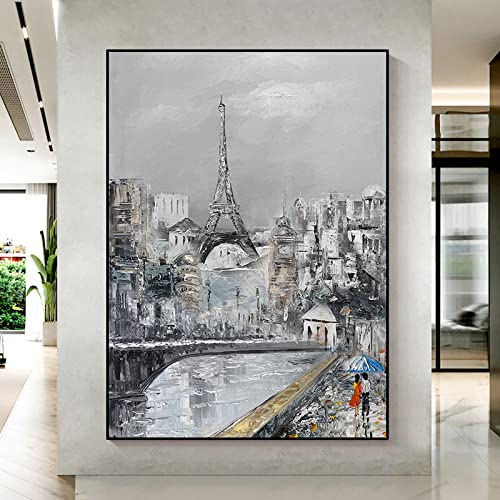 Tableau Paris peinture à l'huile grand format horizontal noir et blanc pour mur de salle à manger