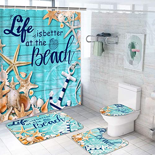 4 Pcs Ocean Beach Shower Curtain Sets With Non-Slip Rug, Toilet Lid Cover And Bath Mat, Sea Nautical Shower Curtain With 12 Hooks, Blue Wood Bath Curtain, Coastal Starfish Seashell Bathroom #TOP14