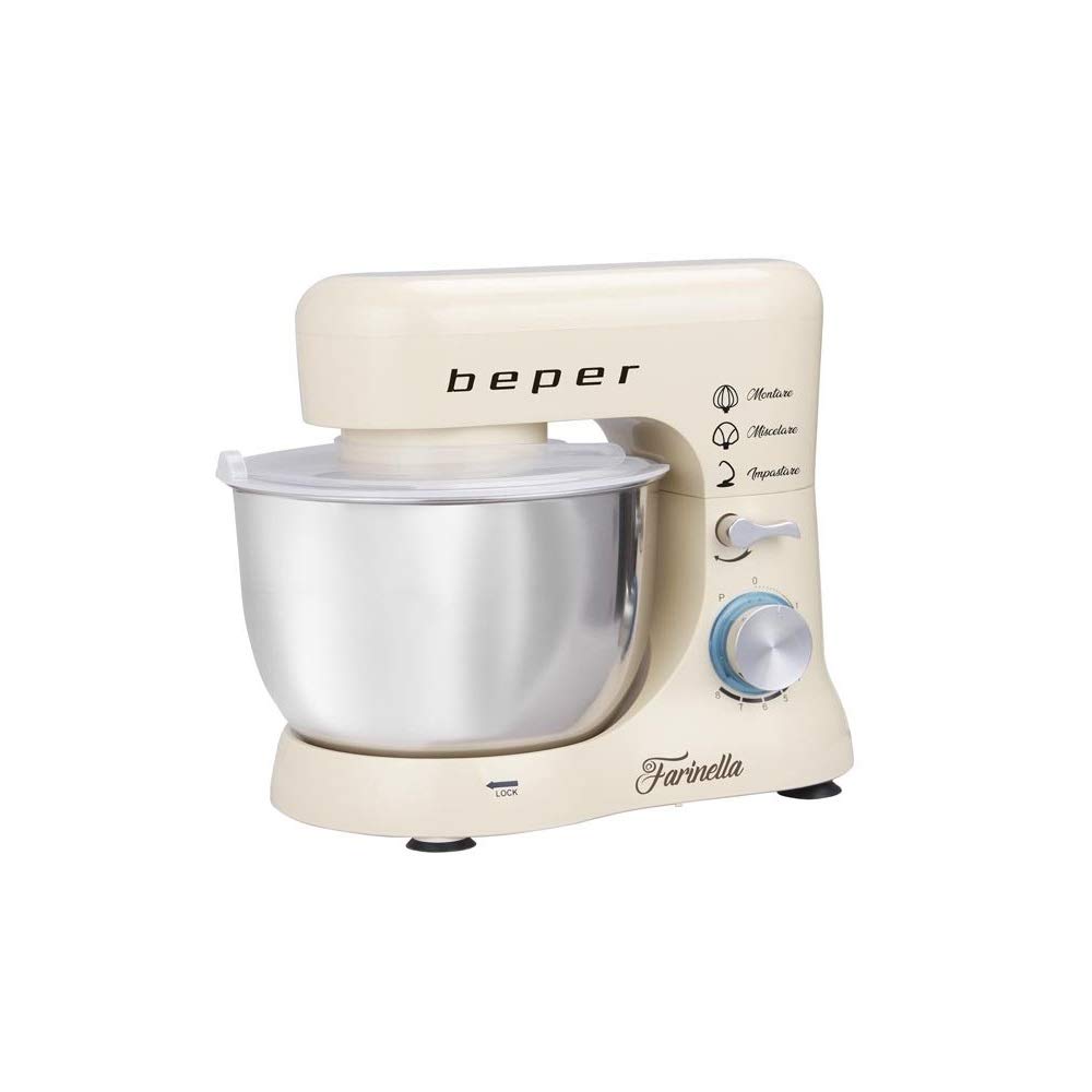 BEPER BP.200 Impastatrice Planetaria professionale 4,​5L, Potenza 1000W, 8 Velocità e Funzione Pulse - Frusta, Paraschizzi e Gancio Inclusi, Bianco