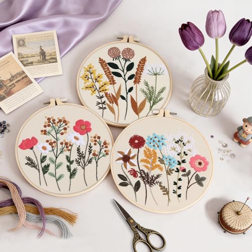 Image of 3 Sets Embroidery Kit, Cross Stitch Kits for Beginners, Needlepoint Kits for Adults with Floral Patterns, Hoop, Needles, Threads and Tools, Colorful Threads, Easy to Learn Step-by-Step Guide & Video