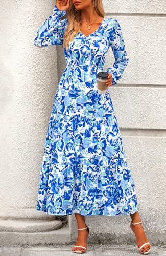 BTFBM Women Fall Dresses 2025 Casual Long Sleeve V Neck Maxi Dresses Floral Boho Long Dress Wedding Guest Dress