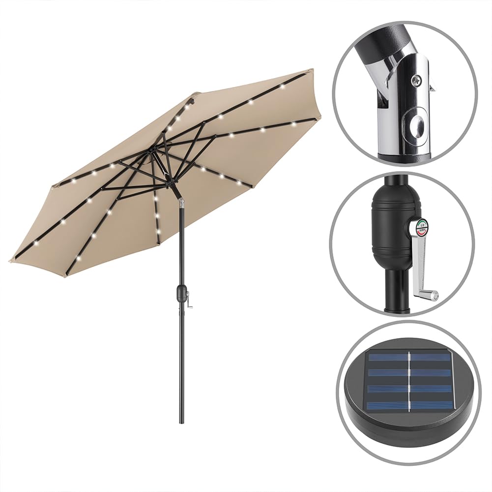BAKAJI Ombrellone da Giardino Diametro 270 cm con Luci Led e Sistema Antivento, Parasole da Esterno con 8 Ribs Stecche, Airvent, Ideale per Bar, Ristorante, Patio, Balcone, Apertura Manovella