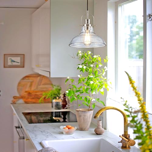 Image of Zlepmlla Modern Glass Pendant Light,Farmhouse Industrial Light Fixture with Adjustable Cord, Seeded Glass Shade, Hanging Lights for Kitchen Island,Hallway, Dinning Room