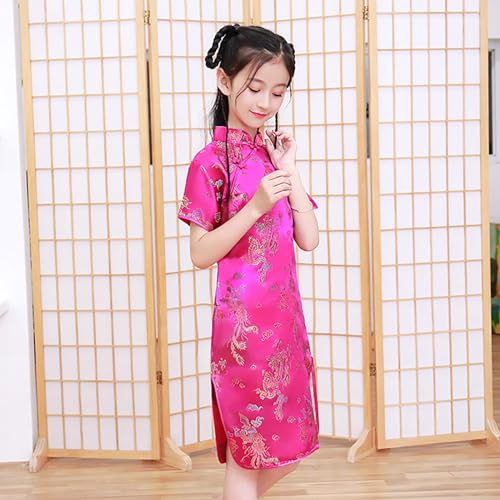 Girls Cheongsam Qipao Dress Chinese Floral Dragon Pattern, Wedding New Year Party Dress, Short Sleeve Holiday Outfit3