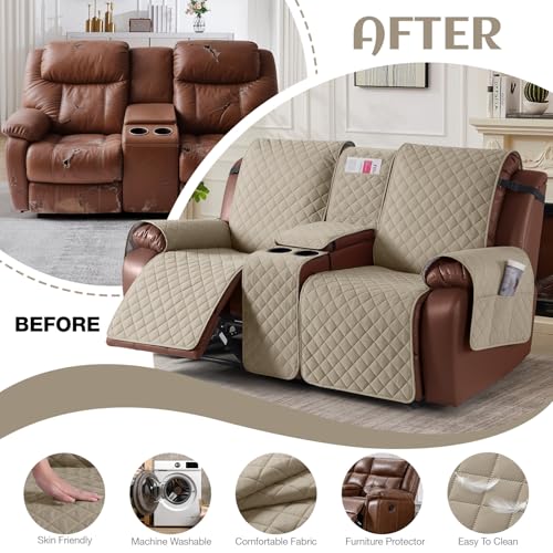 Image of KinCam 100% Waterproof Recliner Loveseat Cover with Console, Non-Slip Reclining Couch Covers for 2 Seat, Recliner Sofa Cover Furniture Protector with Elastic Straps for Kids, Pets, Khaki