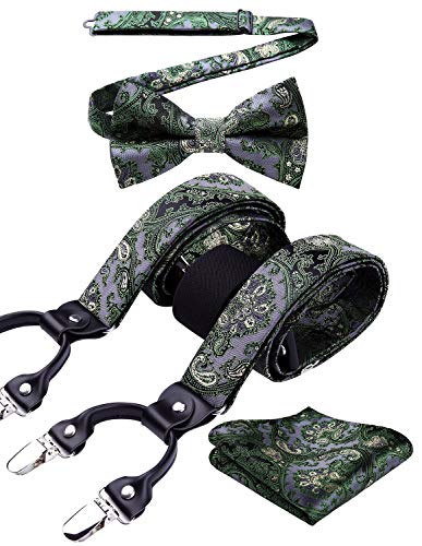 Image of HISDERN Suspenders for Men Paisley Floral Bow tie Suspender Pocket Square Sets Adjustable Y Shape 6 Clips Wedding Braces