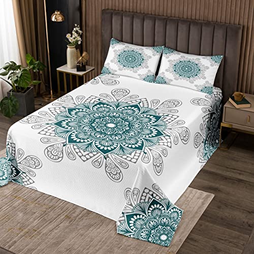 Erosebridal Green Mandala King Quilt Set Tribal Floral Coverlet Set for Kids Teen Adults, Vintage Hippie Bedding Set Boho Flower Bedspread Set Chic Medallion Bed Quilt Room Decorative 3pcs