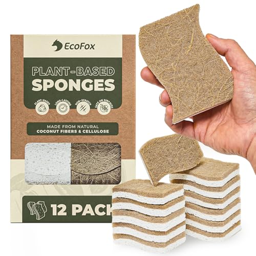 Plant-Based Kitchen Sponges (12 Pack) | USDA Biobased Certified | FSC & PETA Approved | Natural Cellulose & Coconut Scrubber Sponge | S-Shaped Design | Eco-Friendly Non-Scratch Non-Toxic & Vegan