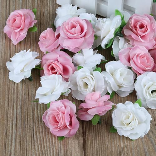 50pcs Mini Pink and White Roses Artificial Flowers Bulk, 1.6\" Small Silk Fake Roses Flower Heads for Decoration, Crafts, Wedding Centerpieces Party Home Decor