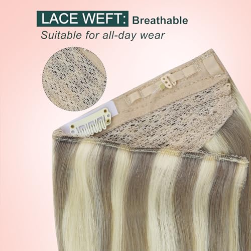 Image of Easyouth Wire Hair Extensions Highlight Invisible Wire Hair Extensions Real Human Hair Highlight Light Brown and Blonde Fish Line Hair Extension Human Hair Long Straight Hair 20 Inch 100g
