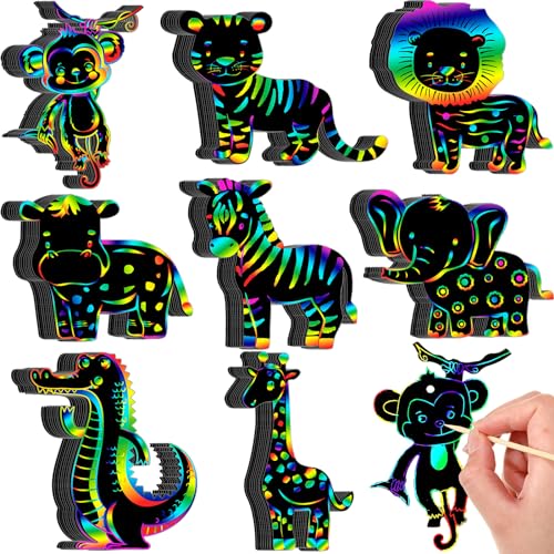 Image of RoundFunny 80 Pcs Jungle Safari Animal Scratch Cards Party Favors Colorful Wild Scratch Painting Paper for Kids DIY Art Craft Kit with 80 Pcs Stick and Ribbon for Birthday Party Ornaments